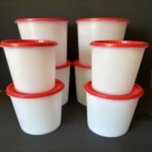 Set of 8 Tupperware Servalier Canisters 805 807 809 811 White Red Seal Lids